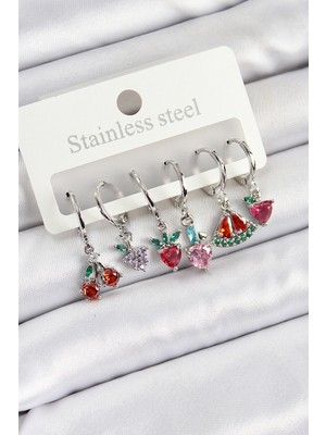 Pirinç Zirkon Taşlı Karpuz Yonca Kalp Pusula Karışık Model Gümüş Renk 6'lı Set Kadın Küpe