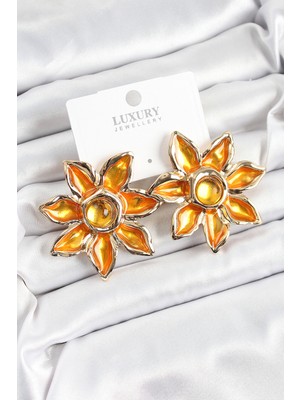 Pirinç Mineli Alevli Çiçek Model Gold Renk Kadın Küpe