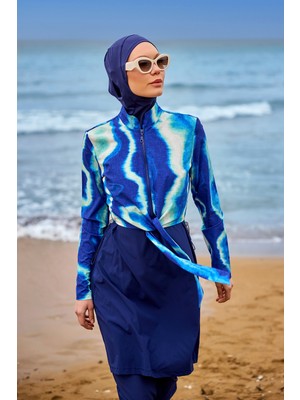 Marina Tam Kapalı Tesettür Mayo Yarım Fermuarlı Lacivert Polyester Düz Renk Su Tahliyeli Tasarım
