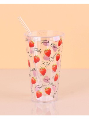 Kapamarka Desenli Plastik Pipetli Bardak 16 Cm -ENF-040 1 Ad.