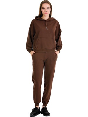 Uzun Kol 22063 Kapüşonlu ve Kanguru Cepli Kahverengi Renk Kadın Spor Eşofman Takımı
