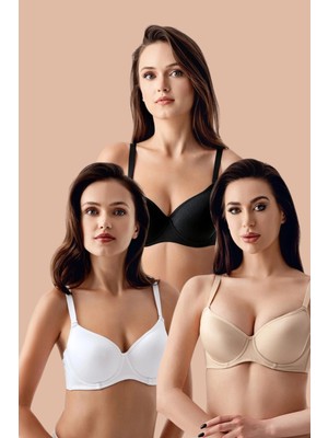 C&city 3'lü Paket Dolgusuz Yumuşak Kaplı Örme Sütyen C37900 Siyah/Beyaz/Ten