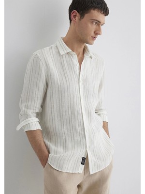 Mavi Keten Karışımlı Yeşil Çizgili Ekru Gömlek 0211525-71481