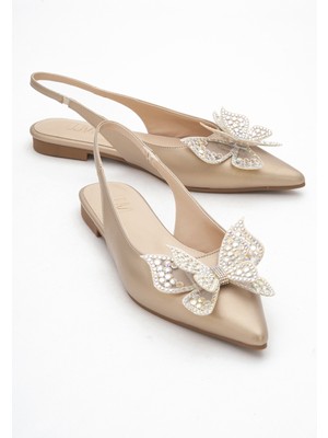 Orıol Altın Cilt Kelebek Taşlı Sivri Burun Arkası Açık Kadın Babet Ayakkabı