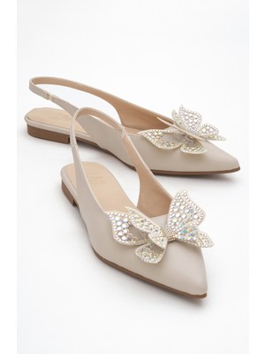 Orıol Bej Cilt Kelebek Taşlı Sivri Burun Arkası Açık Kadın Babet Ayakkabı