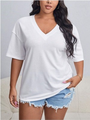 Woodroffe Kadın / Kız V Yaka Baskılı & Düz Beyaz Oversize T-Shirt Salaş Boyfirend