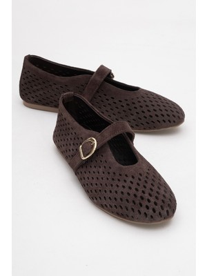Arian Kahverengi Süet Hakiki Deri Delikli Kadın Babet Ayakkabı