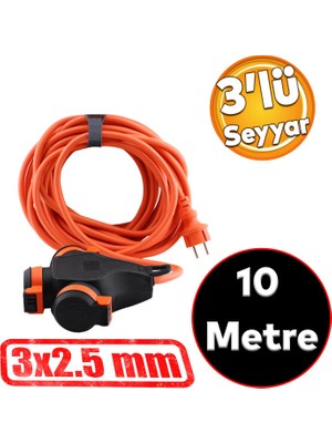 Badem10 Monofaze Çoğaltıcı Seyyar Topraklı 3'lü Grup Priz Fiş 10 Metre Çoklu CCA Uzatma Kablosu 3x2.5 mm