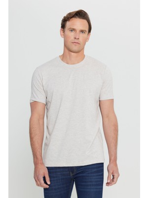 Altınyıldız Classics Erkek Bej Melanj Pamuklu Slim Fit Dar Kesim Bisiklet Yaka Tişört