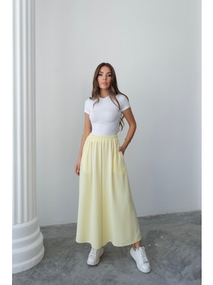 Beli Lastikli Geniş Kesim Kloş double Krep pantolon Etek 5187 - Sarı