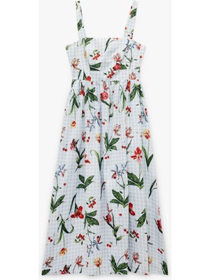 Koton Pamuklu Kare Yaka Vişne Baskılı Çiçekli Midi Boy Askılı Pötikareli Kloş Elbise