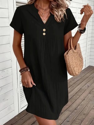 Defy Moda Kadın Kısa Kollu V Yakalı Düğmeli Müslim Kısa Elbise