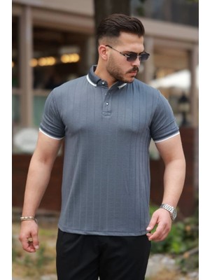 Defy Moda Erkek Düğme Yakalı Jakar Kumaş Kısa Kollu Tişört