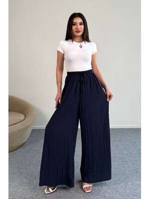 Kraşlı Beli Lastikli modal Geniş Paça Palazzo Pantolon 8846 - Lacivert