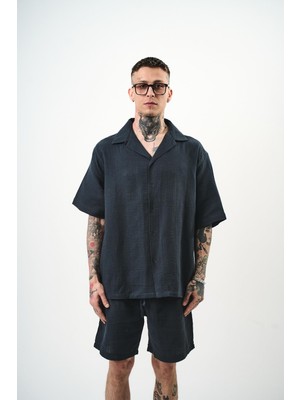 Erkek Kısa Kol Oversize Müslin Gömlek Füme