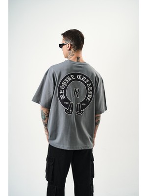 Erkek R Creative Nakışlı Oversize T-Shirt Füme
