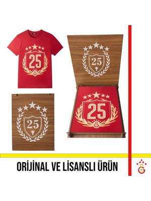 Galatasaray Lisanslı 2025 Şampiyonluk Kırmızı Özel Yetişkin T-Shirt Şampiyonluk Özel Ahşap Kutulu