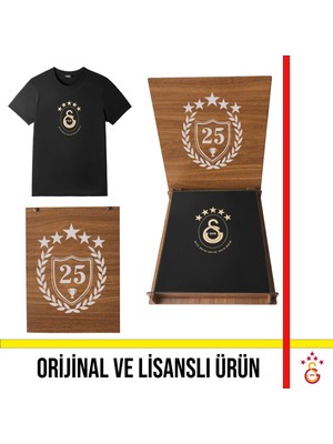 Galatasaray Lisanslı 2025 Logolu Şampiyonluk Siyah T-Shirt Şampiyonluk Özel Ahşap Kutulu