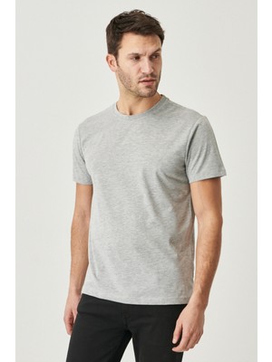 Altınyıldız Classics Erkek Gri Melanj Pamuklu Slim Fit Dar Kesim Bisiklet Yaka Tişört