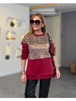 Trend Befaon Kadın Üç Iplik Şardonlu Kumaş Leopar Desenli Bluz
