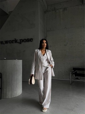 Janes Çizgili Ceket Keten - Bej