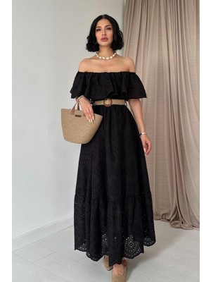 Janes Siyah Omzu Lastikli Brode Elbise