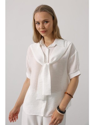 Janes Atkı Detaylı Yarım Kol Gömlek - Beyaz