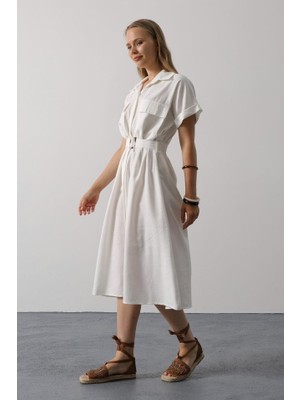 Janes Kuşaklı Cep Detaylı Yarım Kol Elbise - Beyaz