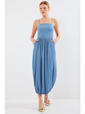 Janes 2492 Askılı Örme Salopet Elbise - Indigo