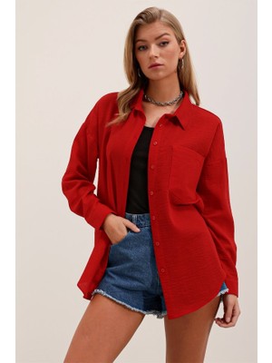 Janes 20153 Tek Cepli Oversize Gömlek - Kırmızı