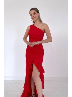 Janes Kırmızı Yırtmaçlı Volanlı Elbise