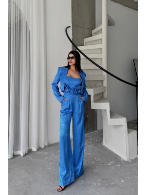 Janes Jakarlı Bluzu Tasarım Detaylı Ceket-Pantolon-Bluz 3 Lü Takım - Mavi