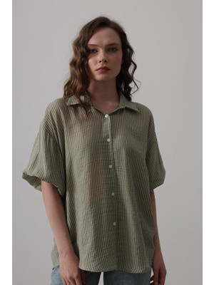 Janes Yarım Balon Kol Çizgili Gömlek - Haki