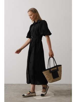 Janes Balon Kol Kemerli Brode Elbise - Siyah