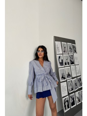 Janes Çizgili Bağlama Detaylı Kruvaze Poplin Gömlek - Mavi