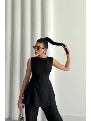 Trend Befaon Jakar Keten Kolsuz Bluz-Pantolon Tk - Siyah