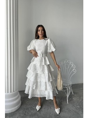 Janes Ekru Kat Kat Balon Kollu Kemerli Elbise