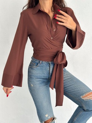 Lumora moda kadın %100 pamuk kruvaze yaka kahverengi gömlek