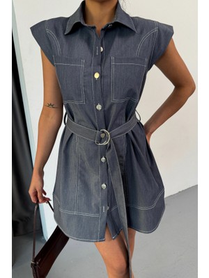 Janes Gömlek Elbise Kolsuz Tencel Kumaş - Mavi