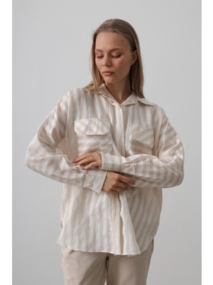 Janes Cep Detaylı Oversize Gömlek - Bej