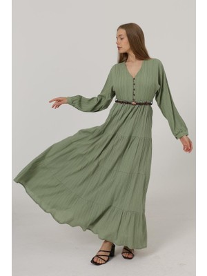 Janes Önü Yarım Düğmeli Uzun Kol Kemerli Elbise - Haki