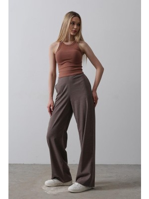 Janes Beli Yarım Lastikli Palazzo Pantolon - Kahve