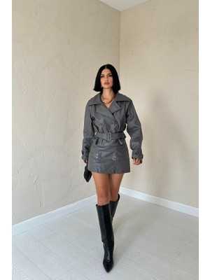 Janes Gri Kemerli Deri Ceket