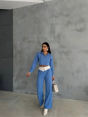 Janes Keten Gömlek-Crop-Salaş Pantolon Takım - Mavi