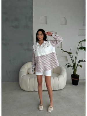 Janes Gabardin Şort - Gabardin - Çizgili Keten Garnili Ceket Takım - Kahverengi