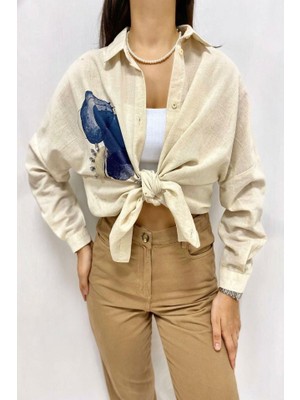 Janes Bej Taş Işlemeli Keten Gömlek