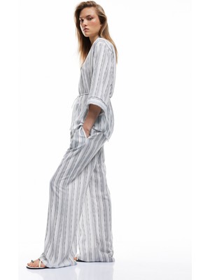 Koton Keten Görünümlü Beli Bağlamalı Cepli Çizgili Palazzo Pantolon