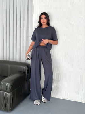 Janes Osy Modal Yumuşak Dokulu Kumaş Bisiklet Yaka T-Shirt Bol Paça Pantalon Ikili Takım -Antrasit