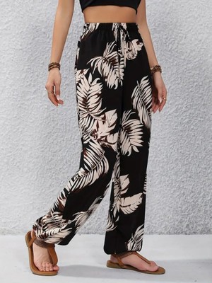 Janes Kadın Yüksek Bel Bağcıklı Yaprak Desenli Süprem Pantolon