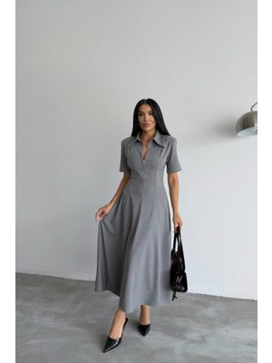 Janes Polyviskon Elbise Kısa Kol Yaka ve Fermuar Detaylı - Gri